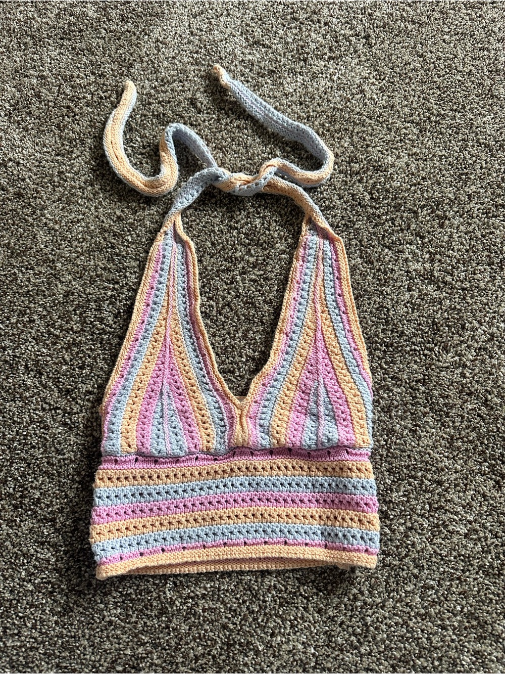 Crochet Halter Crop Top in Pastel Stripe